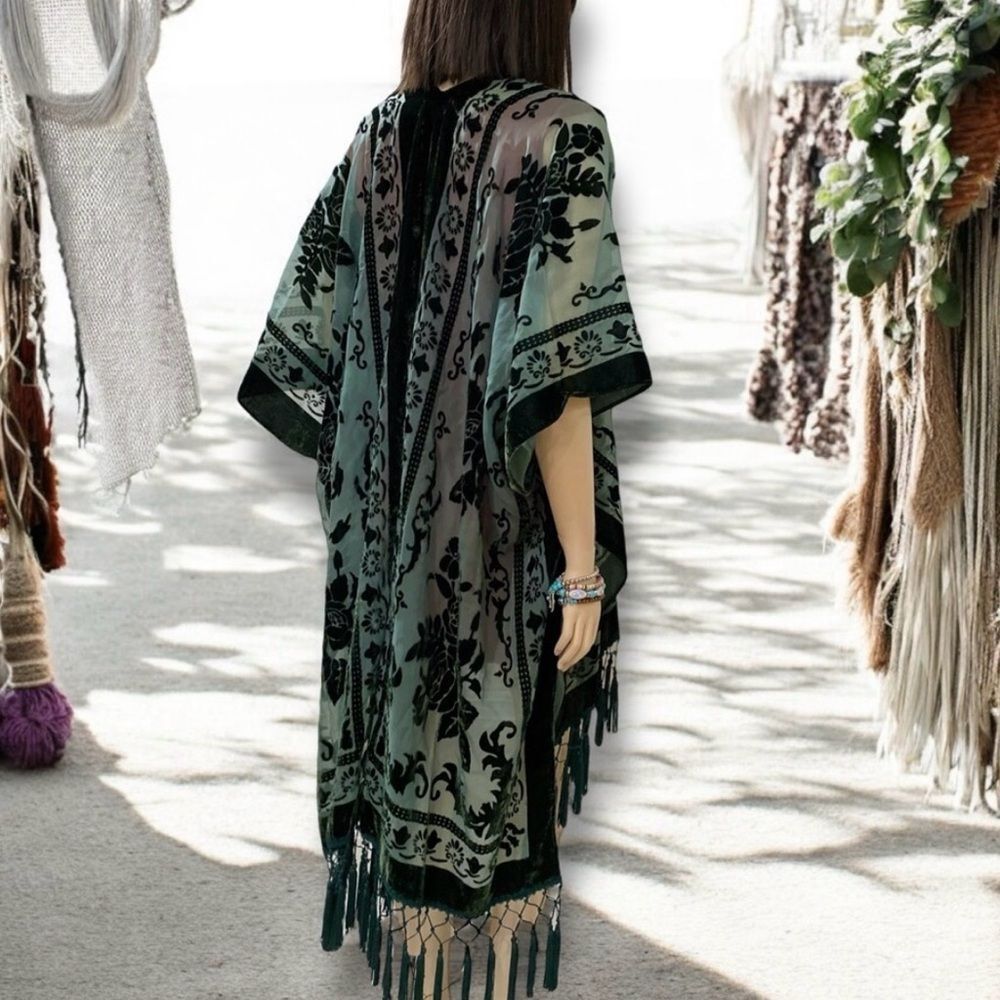 Dark Green Long Fringe Velvet Duster Jacket